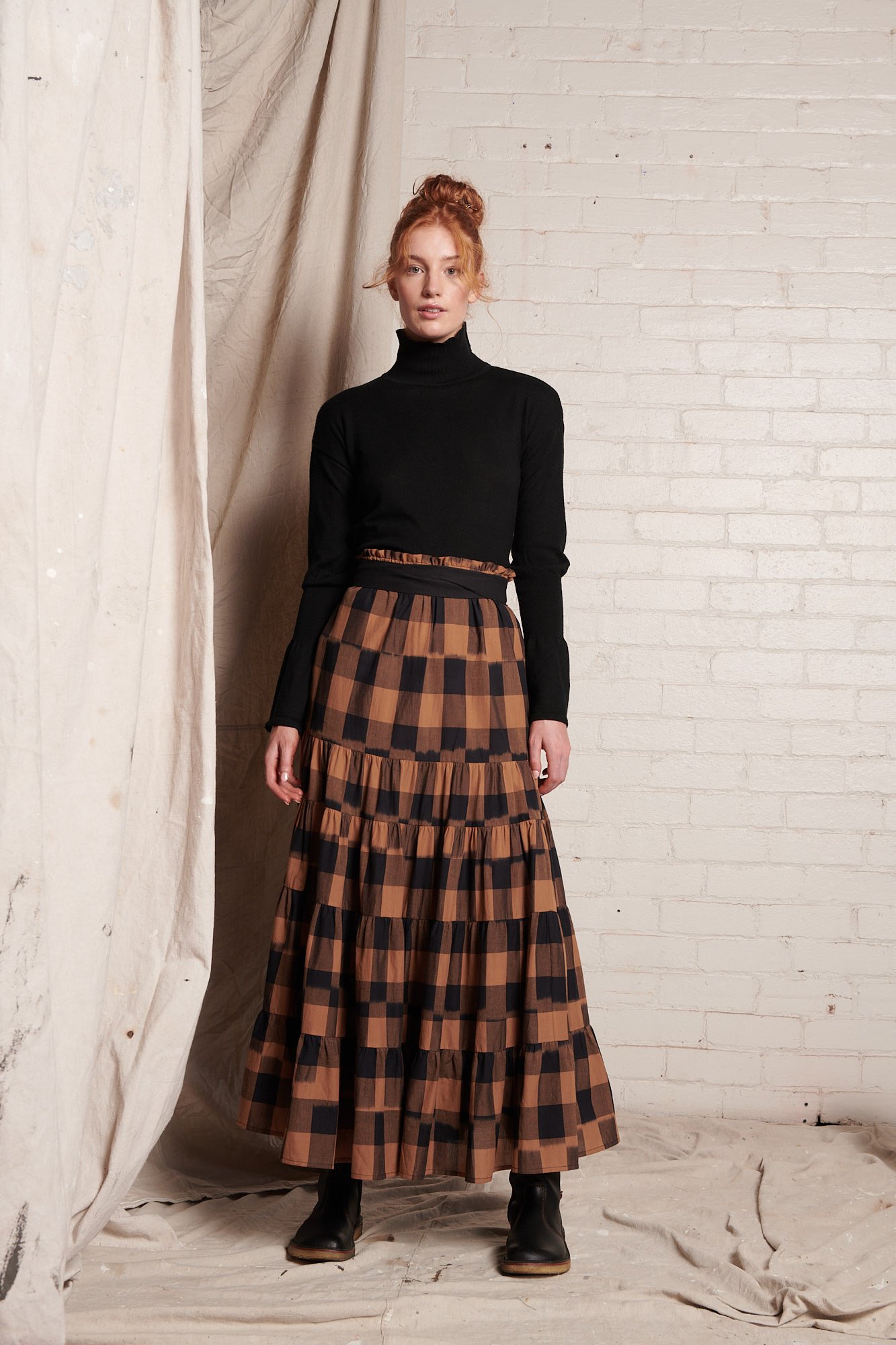 Tiered Maxi Skirt Bronze Plaid 7